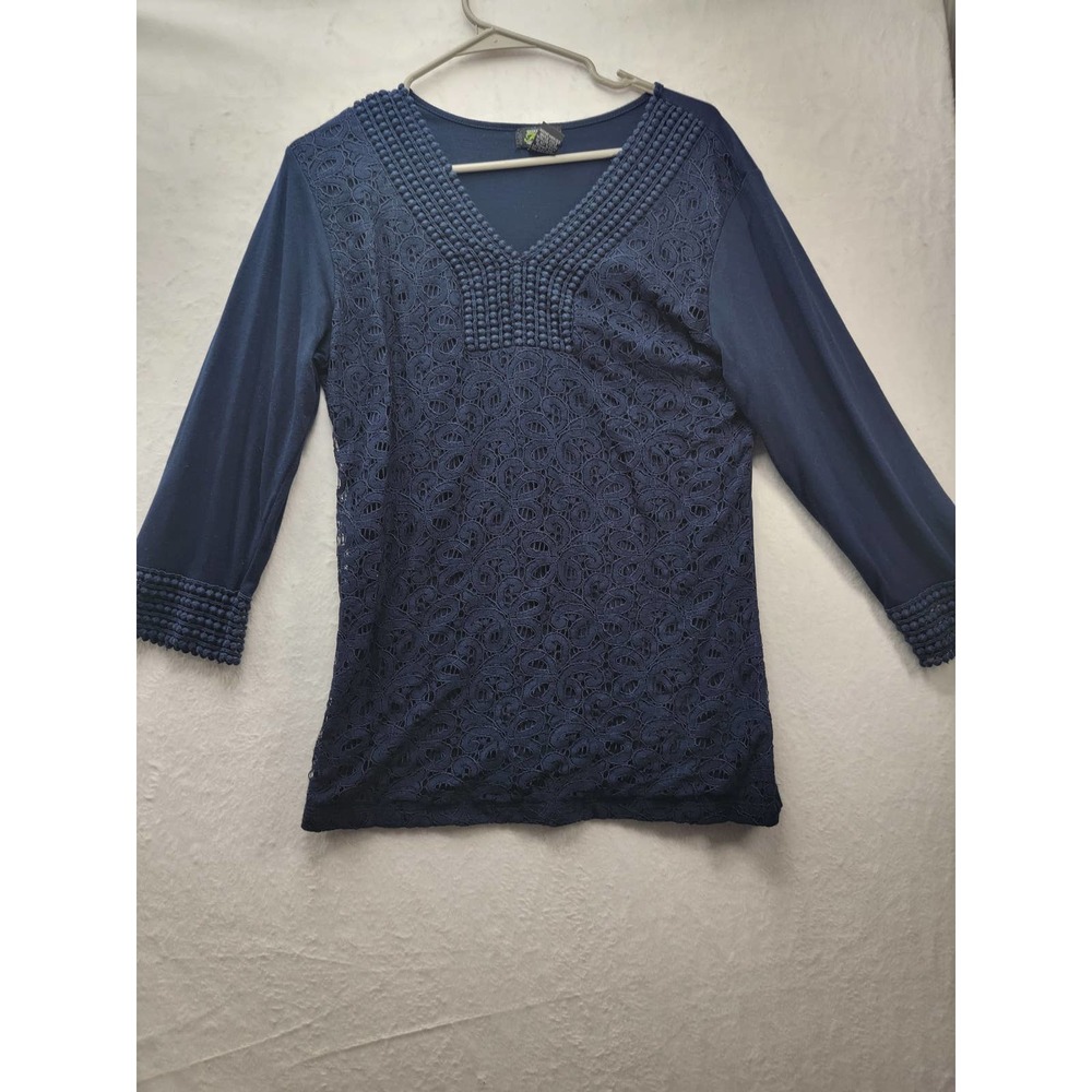 Shannon Ford Navy Blue Knitted Pull over 3/4" Sleeve Blousem Sz L